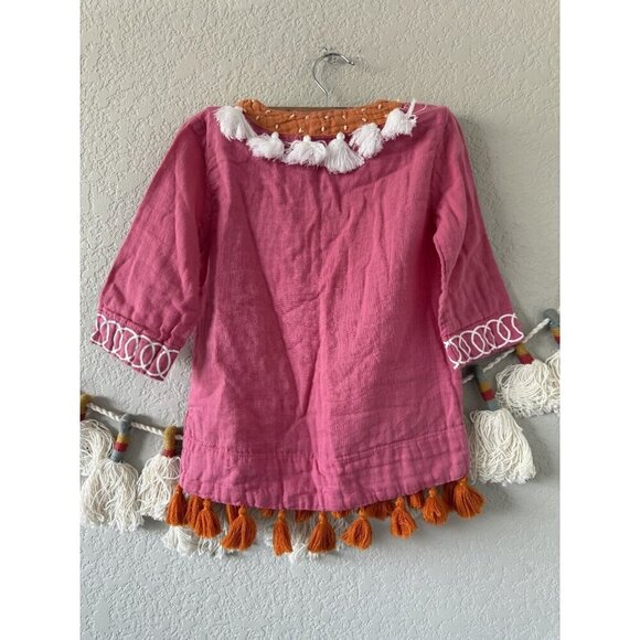 Mer St. Barth Serena Tassel Embroidered Gauze Pink Mini Little Girl Dress Boho 4 - Picture 2 of 8